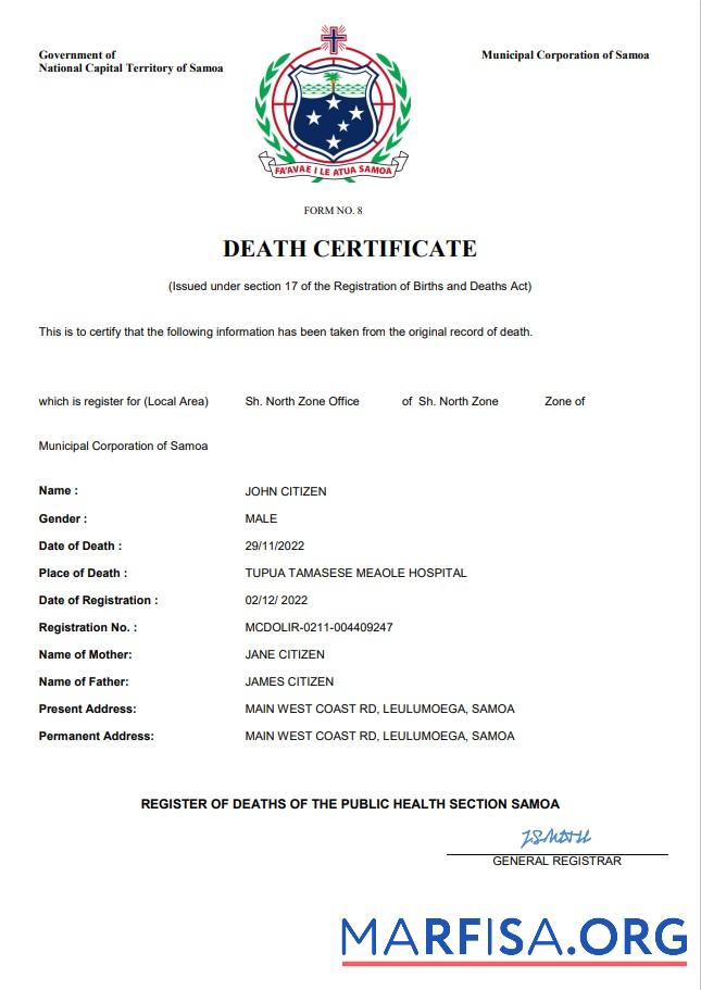 Downloadable Samoa death certificate Word and PDF template